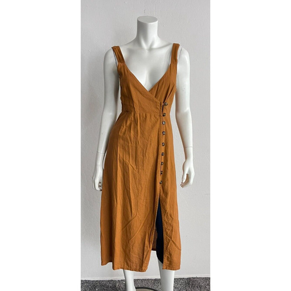 Jens Pirate Booty S Midi Dress Wrap Button Linen Blend Sienna Brown Sleeveless - Picture 2 of 11